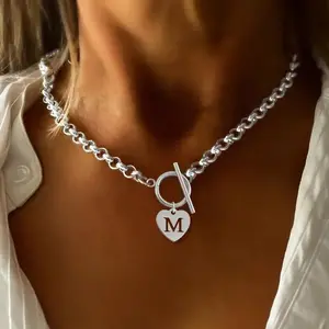 1pc Simple Silver Color Heart Hollow Initial Pendant Toggle Clasps Stainless Steel Chain Necklaces For Women