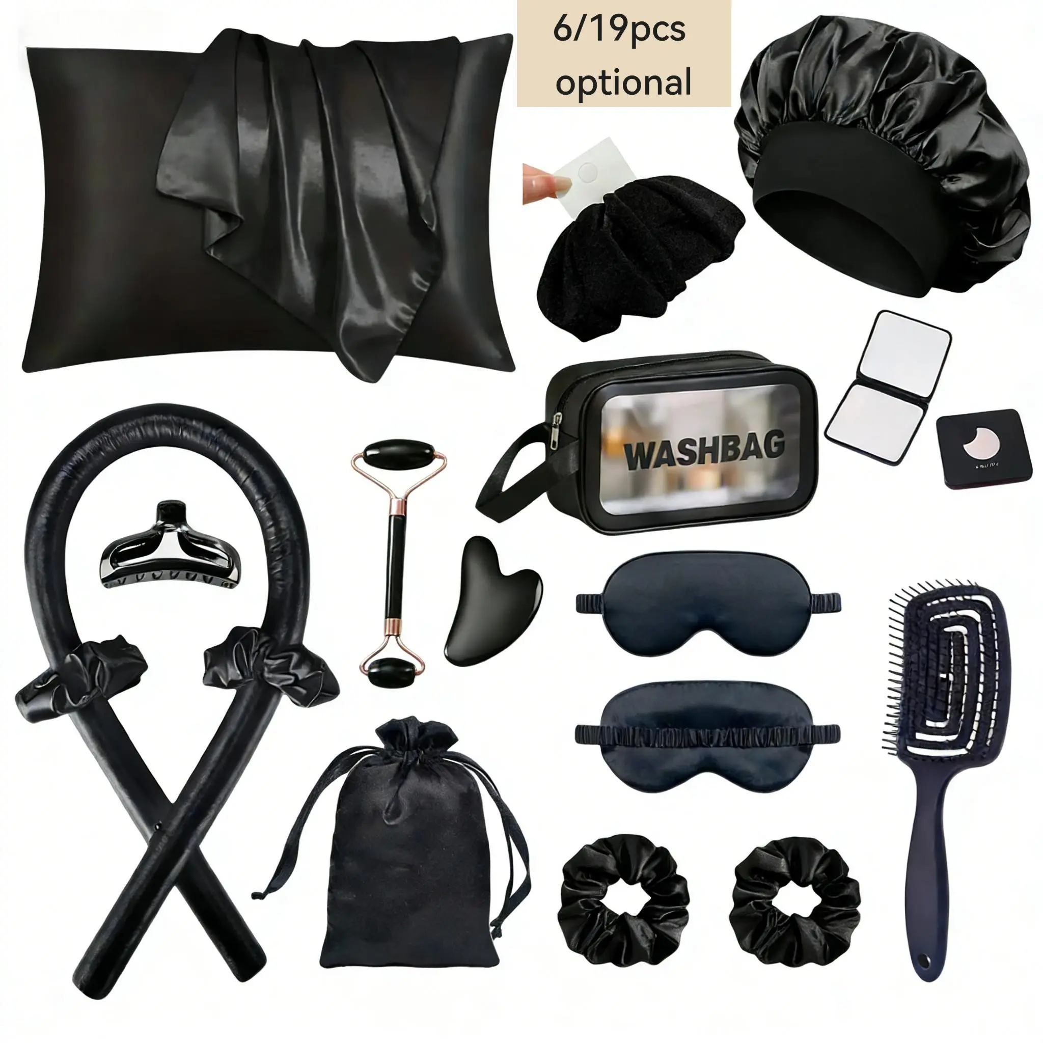 19-Piece No Heat Curl Care Set, Includes No Heat Curler, Satin Pillowcase, Sleep Cap, Eye Mask, Scalp Massager, Jade Roller, Shampoo Bag, Home Hair Kit, Heatless Styling Tool
