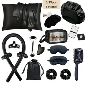 19-Piece No Heat Curl Care Set, Includes No Heat Curler, Satin Pillowcase, Sleep Cap, Eye Mask, Scalp Massager, Jade Roller, Shampoo Bag, Home Hair Kit, Heatless Styling Tool