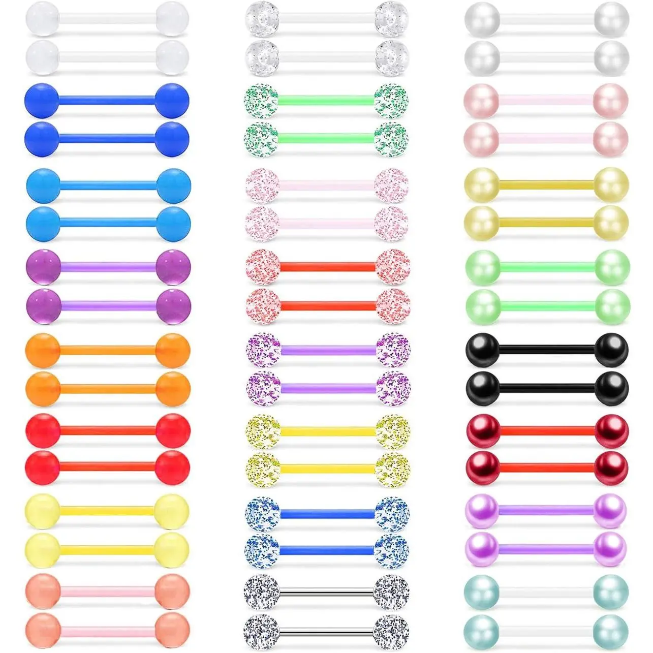 48Pcs 14G Glow in Dark Flexible Acrylic Straight Tongue Barbell Nipple Ring Retainer Piercing Jewelry for Women Men 16mm Bar