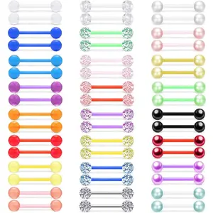 48Pcs 14G Glow in Dark Flexible Acrylic Straight Tongue Barbell Nipple Ring Retainer Piercing Jewelry for Women Men 16mm Bar