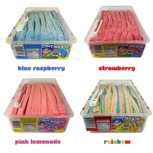 200 Piece Container Sour Belts 4 Different Flavors - BLUE RASPBERRY, RAINBOW, STRAWBERRY, PINK LEMONADE - Fini Cintaroos 3.5 Lb Container