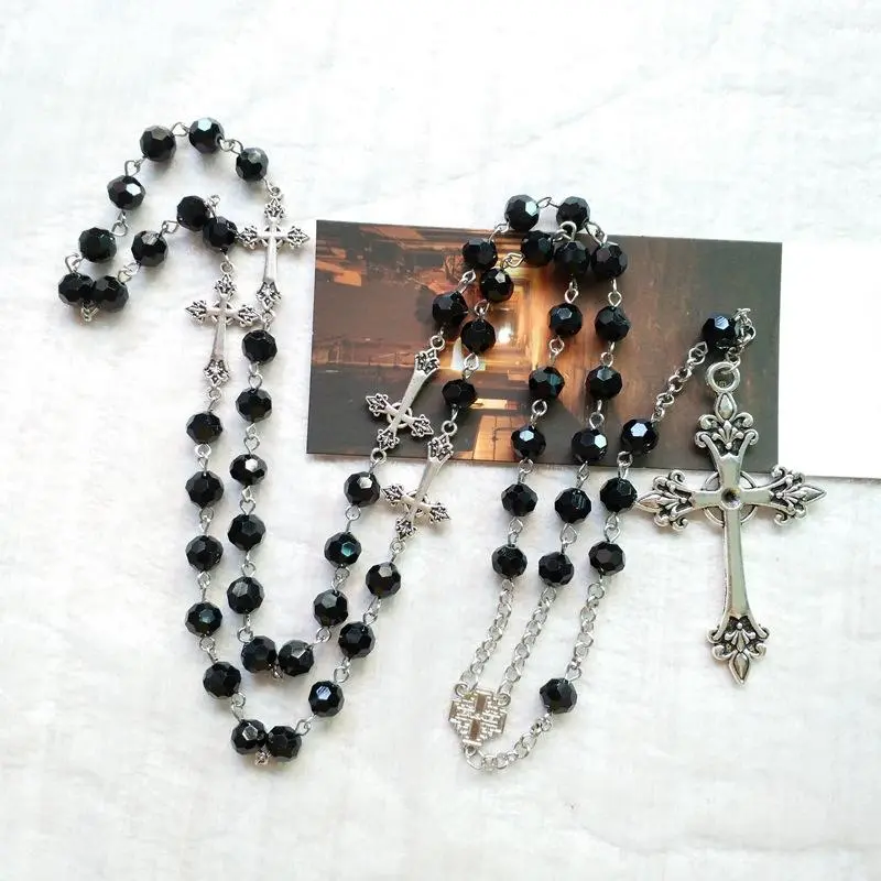 Black Crystal Rosary Necklace Long Cross Pendant For Men Women Religious Jewelry