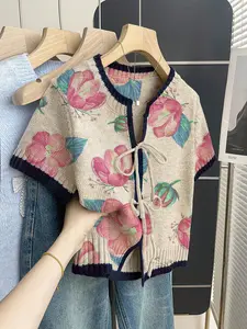Boho Casual Vacation Style Loose Round Neck Colorblock Print Short Sleeve Knit Sweater, Front Tie Design, Women's Spring Summer Top, Knitwear