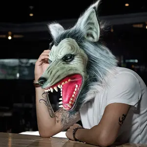 Werewolf Mask Halloween Horror Costume, Fake Fur Head Wolf Set, Sharp Teeth Blood Bowl Large Mouth Wolf Latex Cosplay Prop