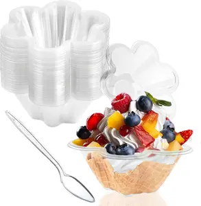 50Ct 8Oz Plastic Dessert Cups with Spoons, Clear Flower Shaped Ice Cream Bowls, Party Sundae Serving Bowls, Parfait Appetizer Cups for Ice Cream, Nuts, and Salad Legredic