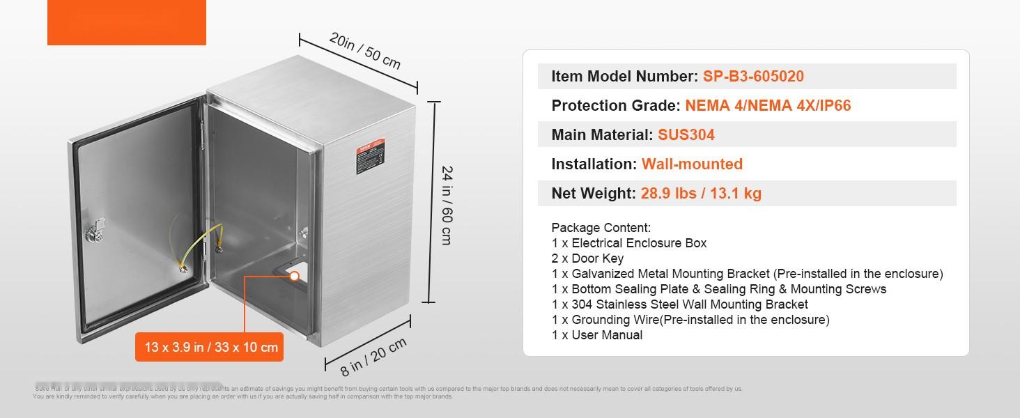 Stainless Steel Electrical Enclosure Box, 24x20x8 Inches, 304 Stainless Steel Outdoor Wall Mounted Enclosure with Mounting Plate Hinges and Lock, IP66 Waterproof Junction Box for Electrical Equipment