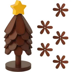 Christmas Wooden Tree Trivet Set - 5 Foldable Heat-Resistant Trivets + 1 Stand for Hot Dishes, Pot, Bowl, Teapot, Hot Pot Holders(Walnut)