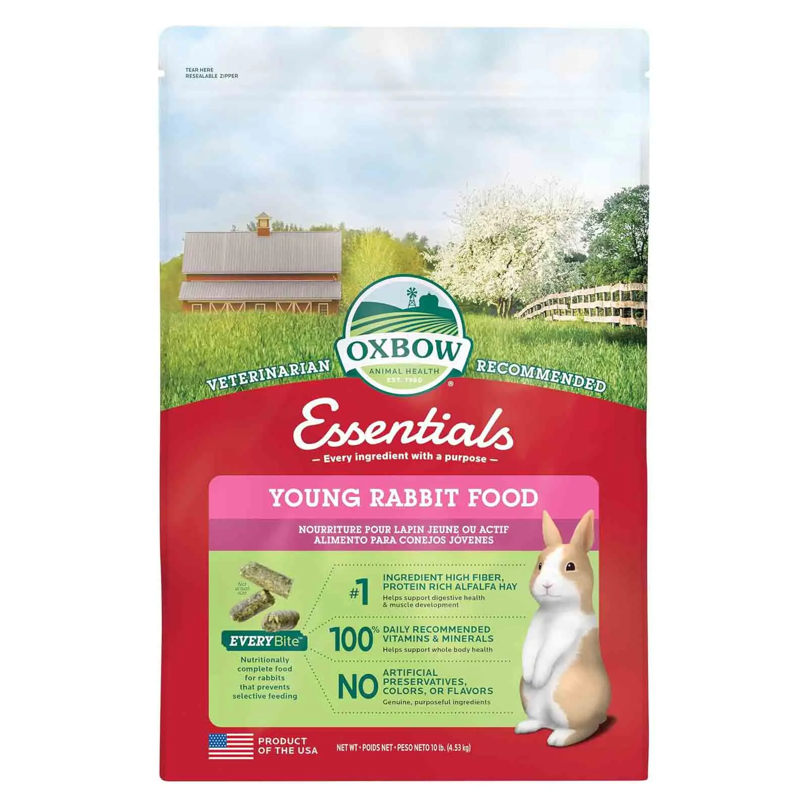Oxbow Essentials Young Rabbit Food, High-Fiber Rabbit Pellets, USA, 10 lb Bunny Food for Young Rabbits, Made with High Fiber Oxbow Hay, Vitamins & Minerals, Uniform, Prevents Selective Feeding