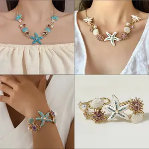 Starfish Jewelry Set Enamel Shell Pearl Necklace Chunky Charm Bracelet Mermaidcore Aesthetic Summer Beach Cruise Vacation Birthday Gift,summerwins