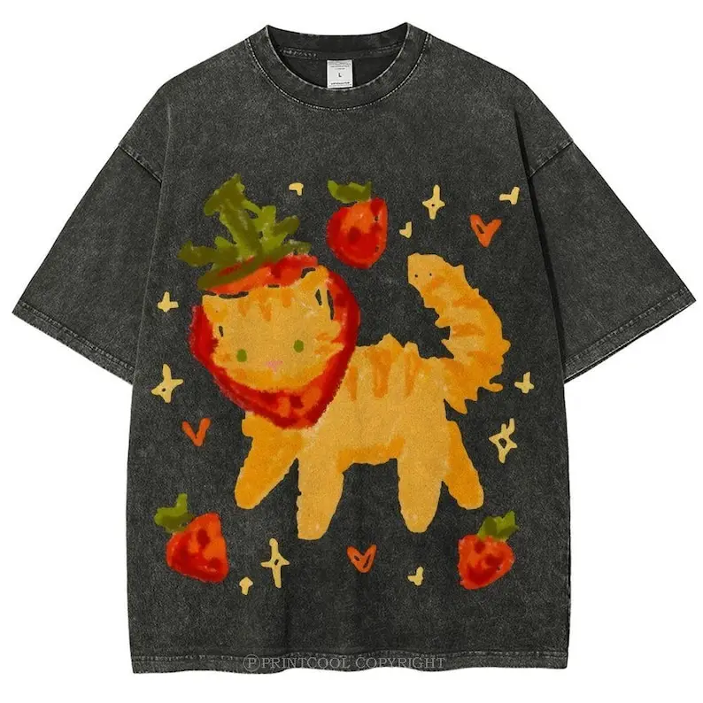 Strawberry Cat Unisex Vintage Washed Tee, Unisex Vintage Tee, Vintage Colorful Tee - Oversized Shirt - Natural & Animal Unisex Streetwear,fathersdaygift