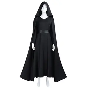 Dark Side Rey Black Hooded Suede Cloak Dress Cosplay Costume Set with PU Leather Belt for Comic Con