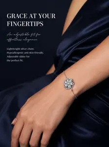 Rotatable Clover Sliding Bracelet for Women - 925 Sterling Silver Adjustable Cubic Zirconia Floral Anxiety Relief Bracelet, Midnight Edition