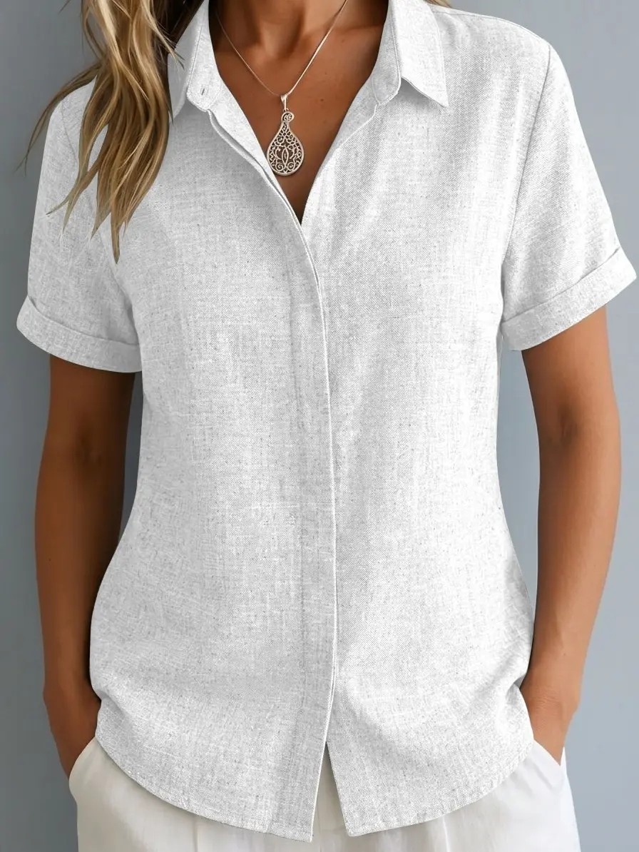 Women's Summer Solid-Color Short-Sleeve Blouse - Turn-Down Collar, Single-Row Full Front Button Closure, Loose Drop-Shoulder Fit for Curve Concealment, Casual Top for Everyday Wear & Outings