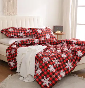 Red Buffalo Plaid Snowflakes Comforter Set  Size, 3 count Christmas Winter Printed Microfiber Comforter with Pillow Shams