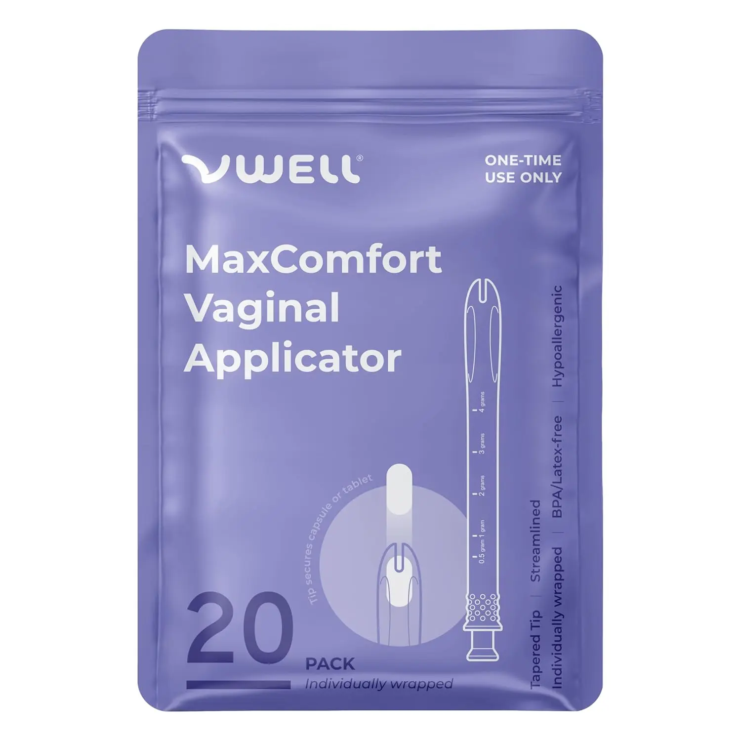 VWELL MaxComfort Single-Item Tapered Vaginal-Rectal Suppository Applicator (Youth-Focused Universal) - Bold, Easy-to-Read Markings, 1-Time Use Only, Sterilized, Streamlined Body, Easy Insertion, Fits Most Prescription Forms, All Skin Types, Irritant-Free,