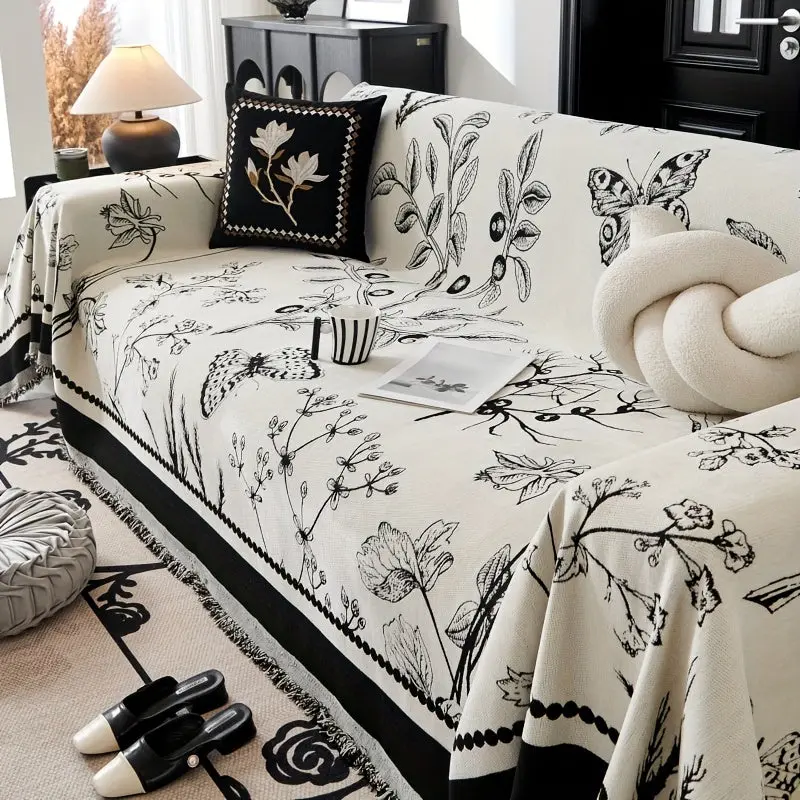 Chenille Reversible Sofa Cover – Vintage Tassel Throw Blanket