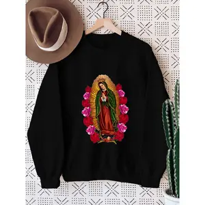 Versatile women Virgin Mary and Rose Print Pullover Sweatshirt casual religious spring summer wear