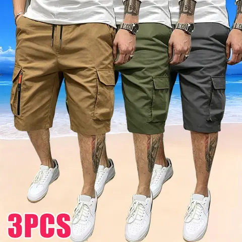 Men's 3-Piece Retro-Casual Baggy Cotton Cargo Jorts Set, Summer Menswear, Plain, Loose-Fit, 3D Large Side Pockets, Faux Zipper Decoration, Mix-and-Match Shorts for Travel, Outdoor Use, Side Pocket Men's Shorts