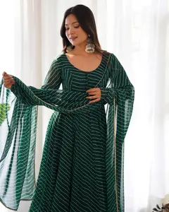 Leheriya Print Anarkali Set - Womenswear Long Sleeve Dress with Matching Bottoms for Stylish Wear