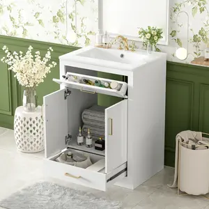 24" Bathroom Vanity with Integrated Ceramic Sink, Bathroom Cabinet with 2 Doors, 1 Tip-out Drawer, Single Sink Bathroom Vanity for Small and Medium Restroom, White