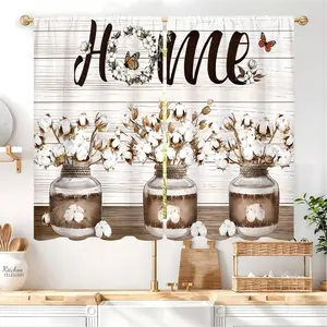 Farmhouse Rustic Cotton Flower Kitchen Curtain 27.5W X 39L Inch 2 Panel Rod Pocket Vintage Country Retro Small Short Cafe Tier Curtains Wood Plank Floral Neutral Window Drapes Bathroom Decor