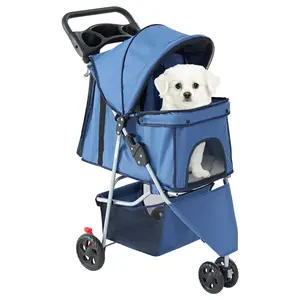 3 Wheels Pet Stroller Dog Jogging with Breathable Mesh Window, Large Storage Basket, Cup Holder, Blue