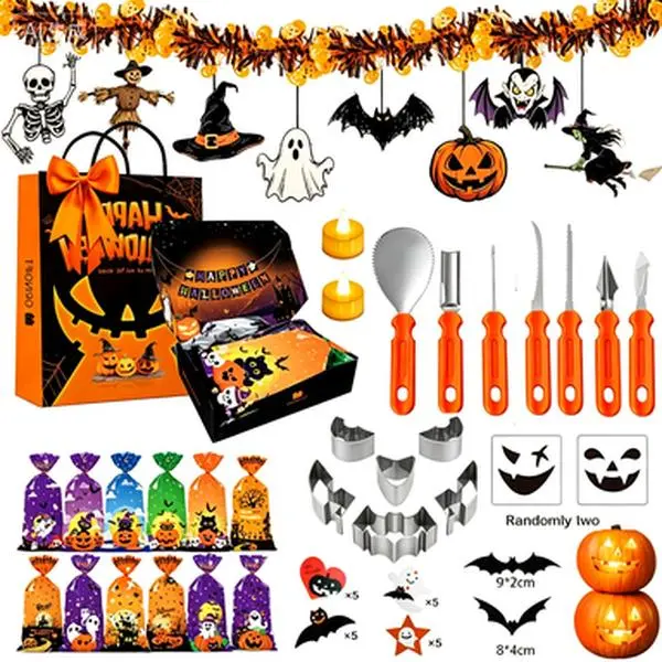 Halloween Pumpkin Carving Kit, 7-Piece Safe Pumpkin Carving Tools with 2 Metal Pumpkin Stencils, LED Decoration Light, Bat Ghost Paper Cutouts, 20 Candy Bags for Kids DIY Jack-O'-Lantern Party Supplies