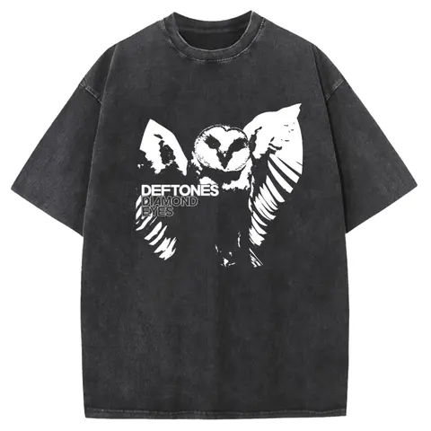 Women's Oversized Acid Wash Pure Cotton Tee - Vintage Owl Graphic Print, Short Sleeve Drop Shoulder Loose Fit Top for Casual Streetwear, New Year Unisex Style