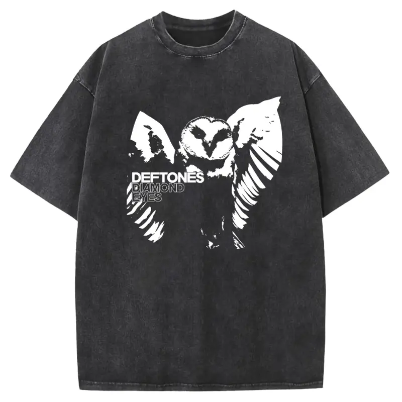Women's Oversized Acid Wash Pure Cotton Tee - Vintage Owl Graphic Print, Short Sleeve Drop Shoulder Loose Fit Top for Casual Streetwear, New Year Unisex Style