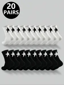 10 Pairs Teenager Socks, Socks Set, Star Pattern Mid-Calf, Comfortable Breathable, Moisture-Wicking, Fall Fashion, Unisex, Student Casual Crew Socks