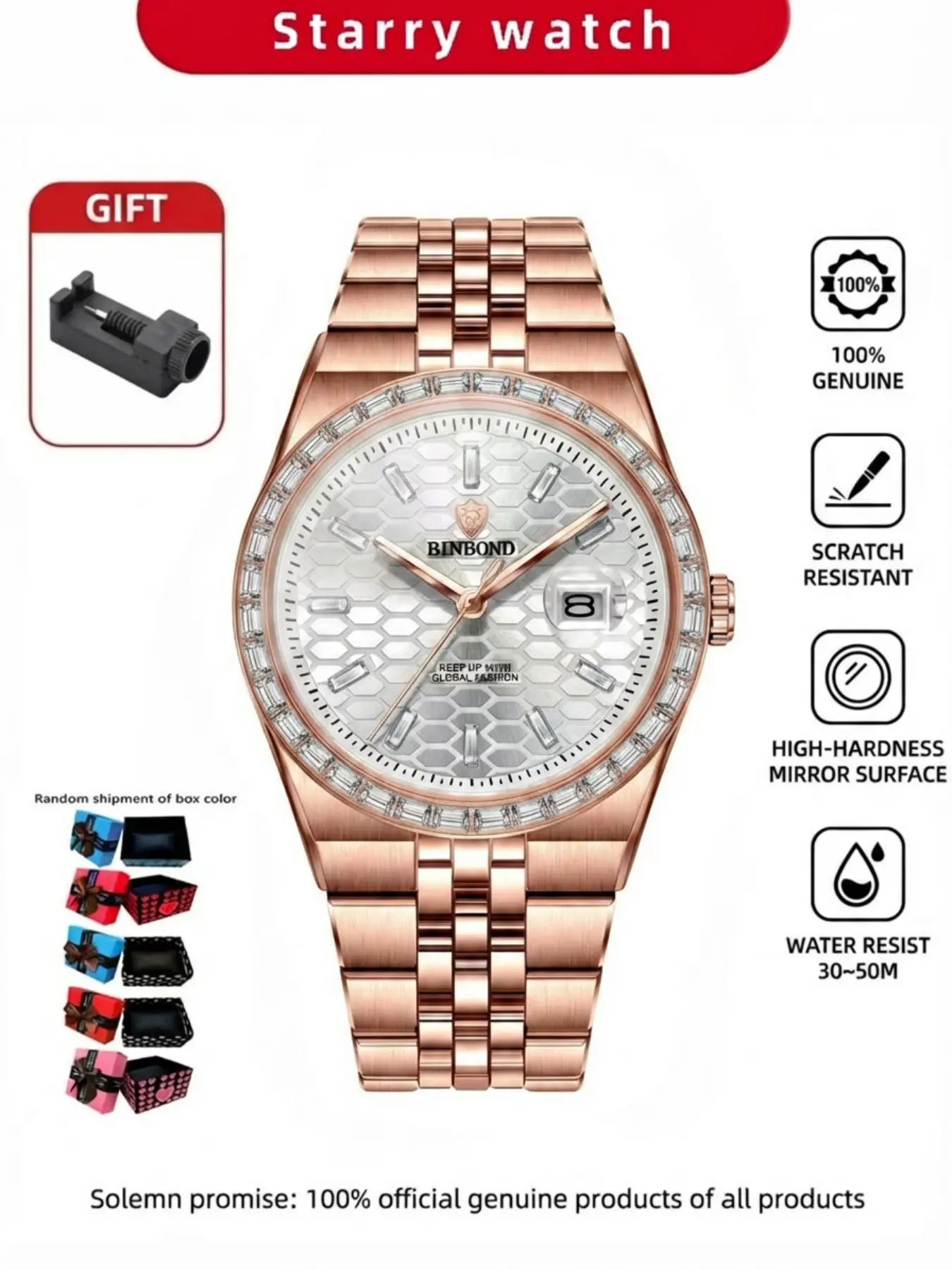 Men's Rose Steel Strap Luxury Business Watch, Feng Shui Diamond Calendar, Casual Quartz Wristwatch, Elegant Timepiece, Analog Quartz Watch