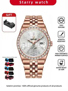 Men's Rose Steel Strap Luxury Business Watch, Feng Shui Diamond Calendar, Casual Quartz Wristwatch, Elegant Timepiece