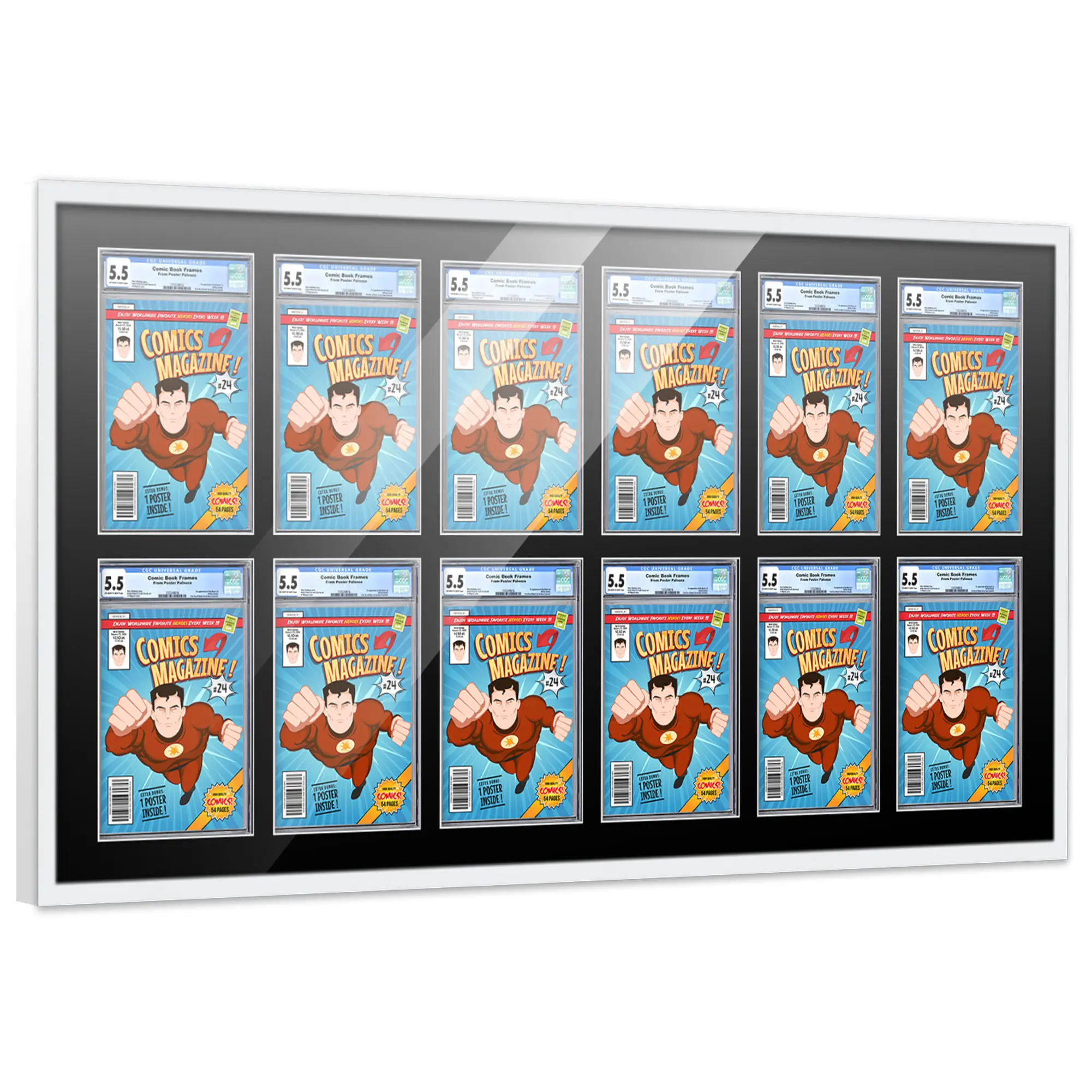 Comic Book Frame with Mat for 12 Graded Comics - White Wood Comic Frame With Black Mat for 8.125x13 Comics - 53x29.5 Frame Size