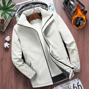 Men's Winter Fleece Lined Thick Cotton Jacket Windproof Water Resistant Plush Lining Warm Cold Weather Zipper Pocket Design Safe Practical Hat Ribbed Cuff Outdoor Hiking Skiing Coat Winter Warm Work Jacket