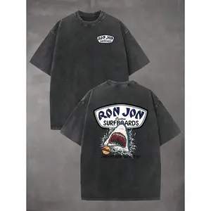 Shark Surfing Pattern Men's Summer Crew Neck Short Sleeve T-Shirt Unisex Washed High Quality Double Sided Print Comfortable Fashion Retro Street Style Ideal for Outdoor Sports Beach Travel and Leisure Perfect Gift