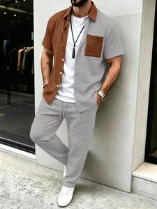 Men's Solid Waffle Pattern Casual, Color Block Design Shirt + Long Pants Set, Versatile Fashion Ensemble for Everyday Wear