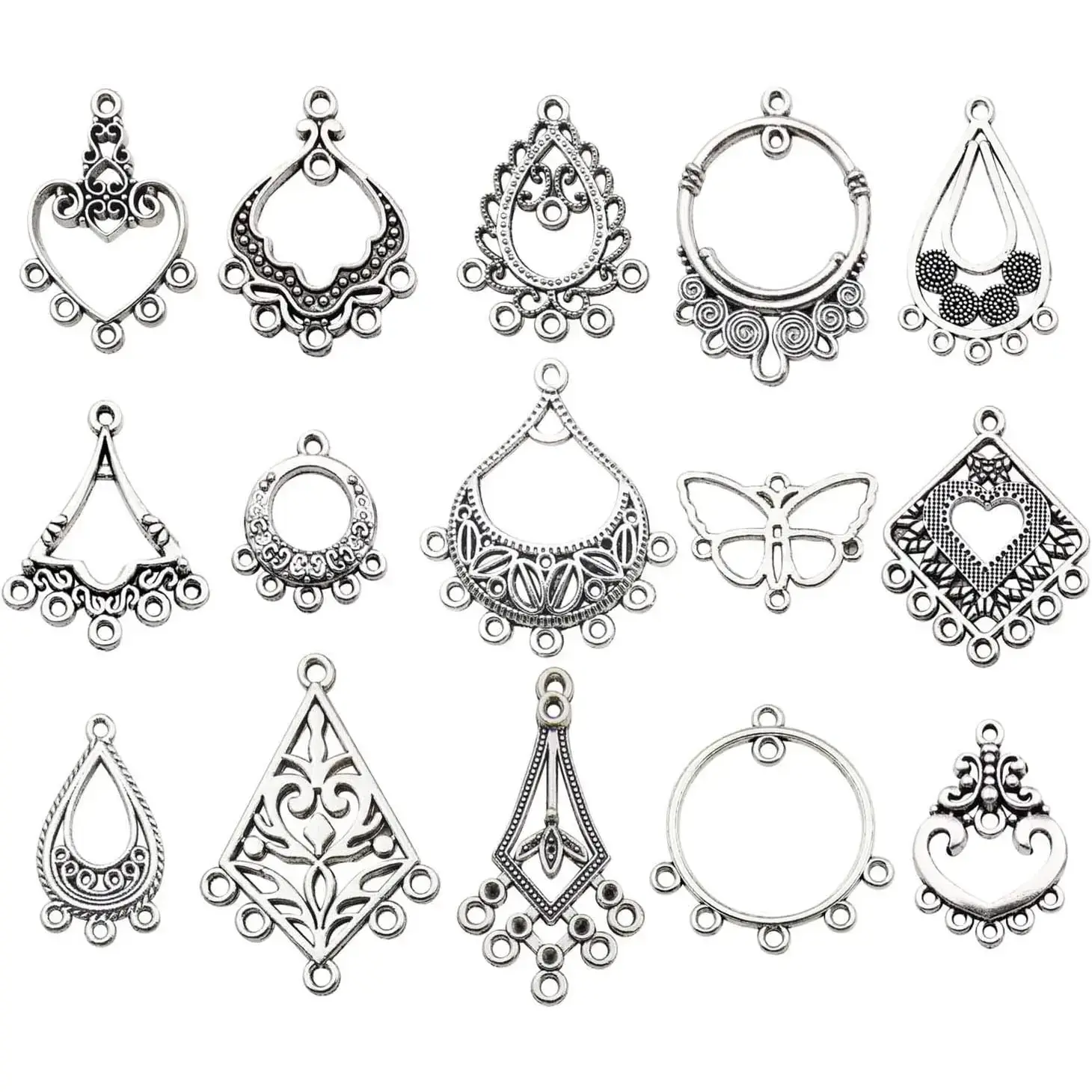 60-Piece Large Jewelry Charms, Vintage Antique Tibetan Silver Filigree Pendants & Chandelier Connectors for DIY Personalized Jewelry Making, 25-35mm