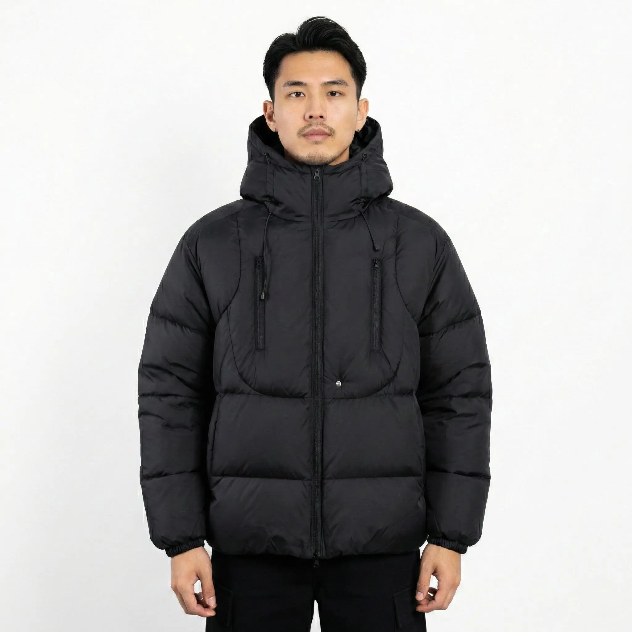 Men's Black Insulated Puffer Jacket by HL | Winter Warm Durable Outerwear with Adjustable Hood & Streamlined Design