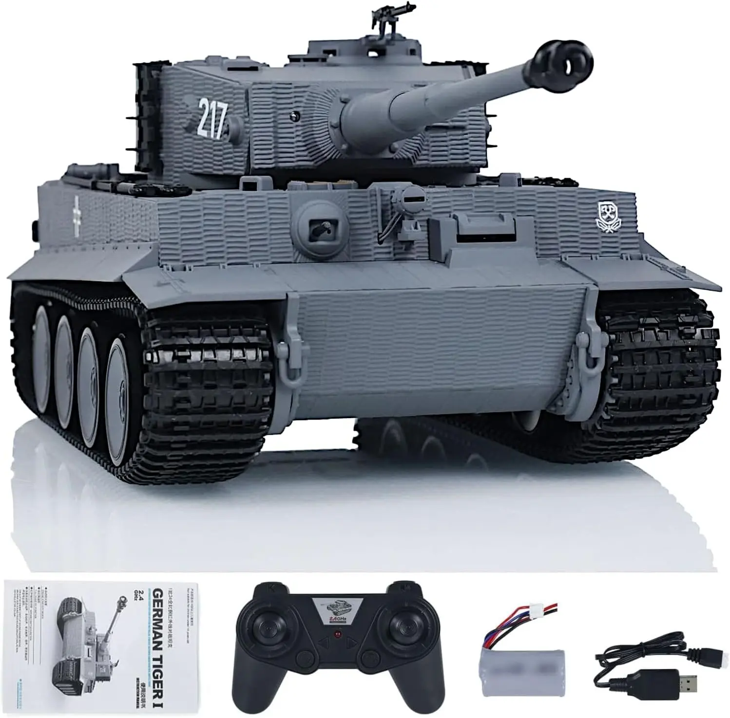 Taigen German Tiger I Heavy Tank 1/24 Scale IR Combat Panzer RTR 2.4Ghz RC Armored Vehicle 3841-11-M Standard Paintless Middle Version Sound Light Recoil WWII Military Model Gray, Led Lights, Hull