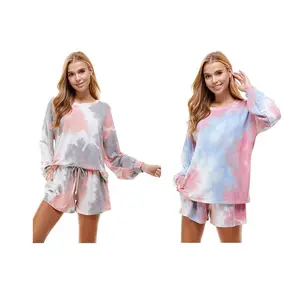 Women's Casual Tie dye Color Knit Pullover Tops and Short Pants Pajama outfits Sets with Pocket Made in USA Clothing Comfort teengirloutfits prettygirlloungeset outfits trackset outfit girls  Fabric Nightwear Loungewear Womenswear