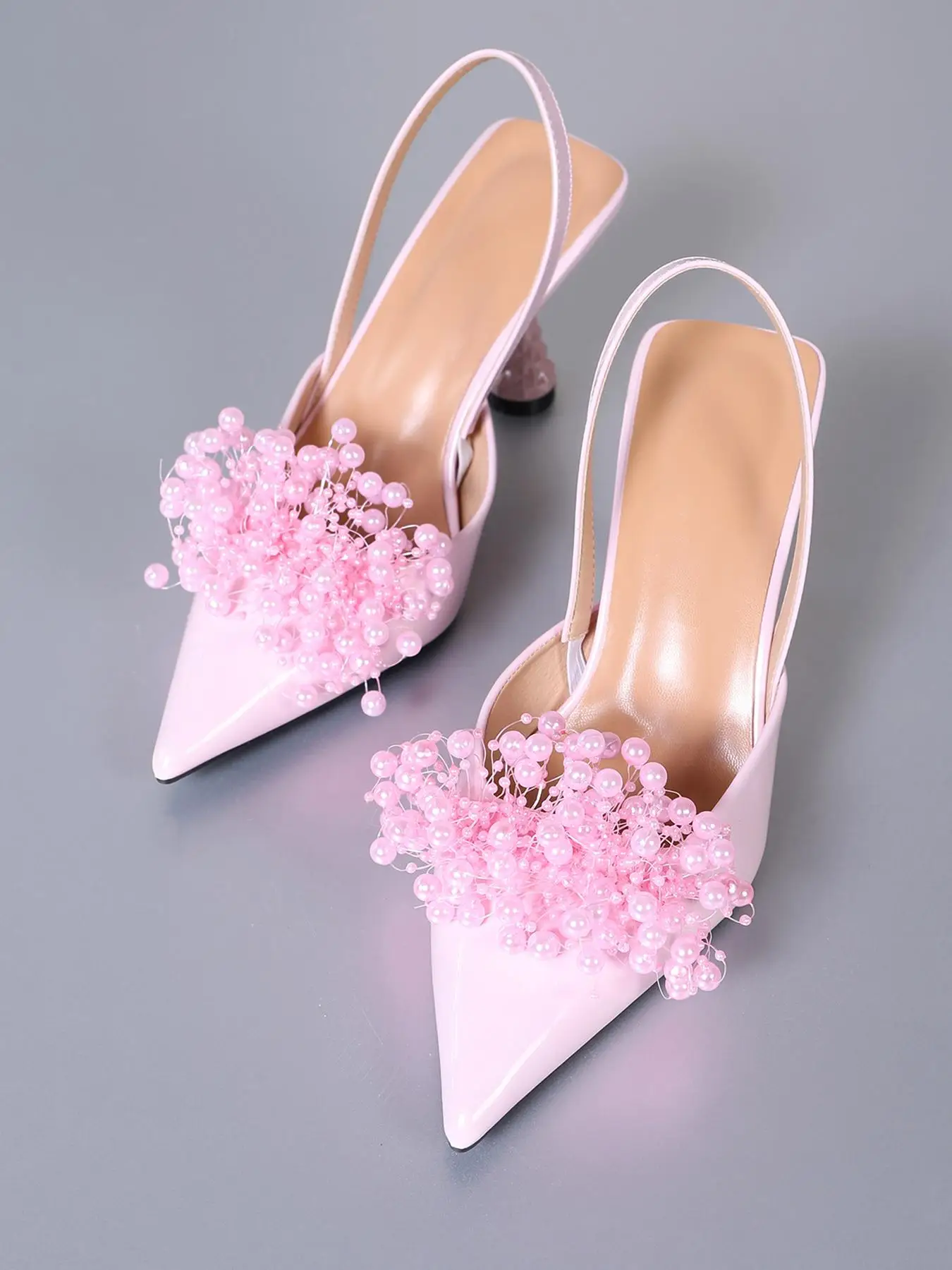 Women's Elegant Faux Pearl Decorated Pointed Toe Slingback Heels, Trendy Minimalist High Heel Shoes, Fashionable Heels for Party & Daily Wear