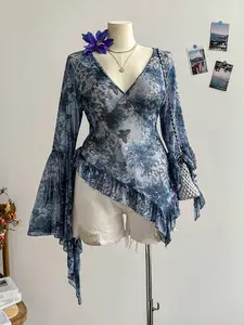 MALINDA Plus Size Women Print Deep V-Neck Flare Sleeve Ruffle Hem Blouse
