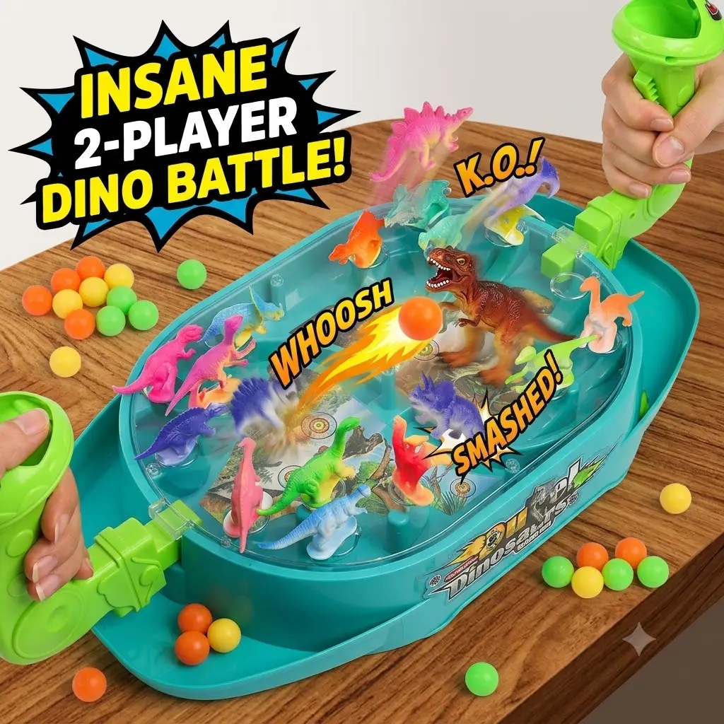 Dino Battle Tabletop Board Game - 2-Player Marble Shooting Pinball Toy, Action-Packed Catapult Interactive Game for Kids, Educational Screen-Free Fun & Birthday Gift Idea (48 Marbles)for Boys Girls Ages 3+