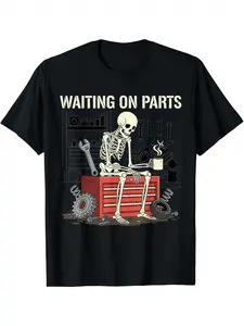 Waiting for Parts, Fun Skeleton Mechanic Couple T-Shirts| Trendy Short-Sleeve Tops, Street Style, Comfortable T-Shirts, Casual Summer Tees, Essential Fashionable T-Shirts