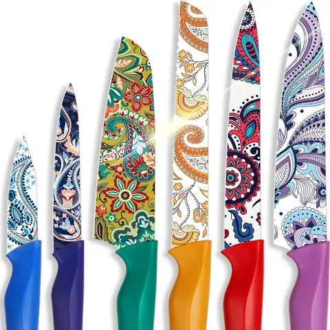 Astercook Paisley 6-Piece Colorful Kitchen Knife Block Set - Includes Bread Knife Blade, Essential Utensils, Portable Travel Gadgets, Ideal for Home Cooks, Christmas, Wedding, Birthday Gifts, Camping Use