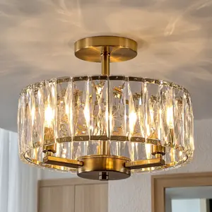Modern Gold Crystal Ceiling Light, Round K9 Crystal Semi-Flush Mount Chandelier, E12 Base Fixture for Hallway Foyer Dining Room Bedroom Bathroom, Luxury Home Decor, Bulbs Not Included