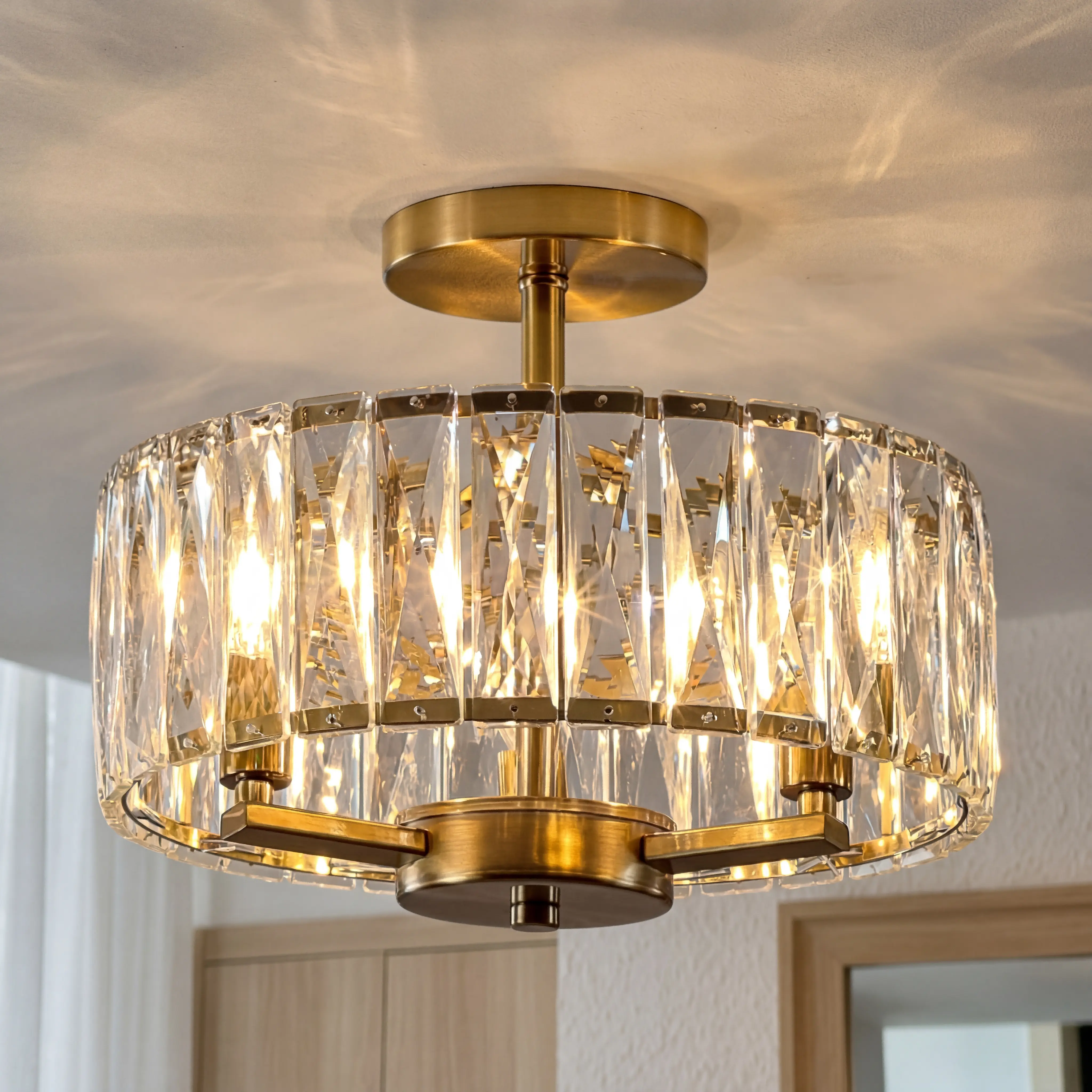 Modern Gold Crystal Ceiling Light, Round K9 Crystal Semi-Flush Mount Chandelier, E12 Base Fixture for Hallway Foyer Dining Room Bedroom Bathroom, Luxury Home Decor, Bulbs Not Included