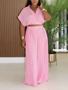 Two-Piece Set Women's Solid Color Crop Top & High Waist Pants, Casual Chic Fashion Cozy Top & Trousers for Daily Outdoor Wear, Ladies Summer Clothes