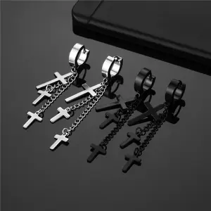 Paken Titanium Metal Steel 3 Cross Decorative Drop Earring Ear Hooks for Men and Women, Black and Silver, Gothic Magic Style, Hole-Through Earrings, Round Ear Pendants